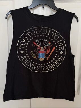 Johnny Ramone Black Sleeveless Graphic Tank Top - 'Too Tough To Die'